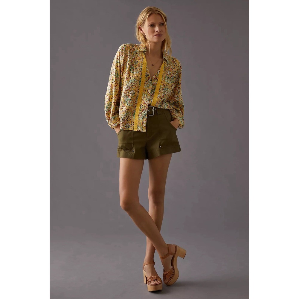 Anthropologie Yellow Floral‎ Pilcro Pintuck Peasant Blouse Size XXS Retail $120